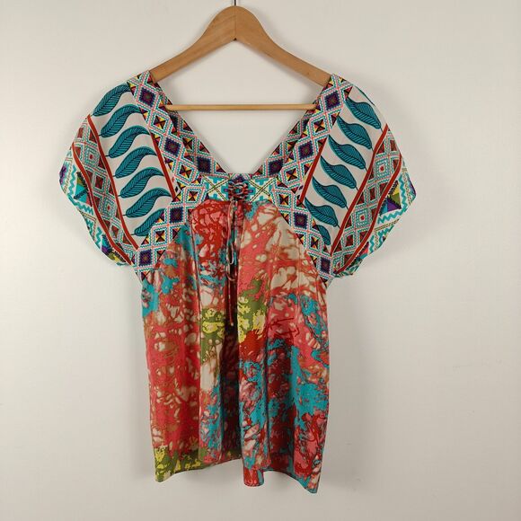 Tibi Eclectic Patterns V-Neck Short Sleeves 100% Silk Blouse Size 4 Boho Artsy - Picture 4 of 8